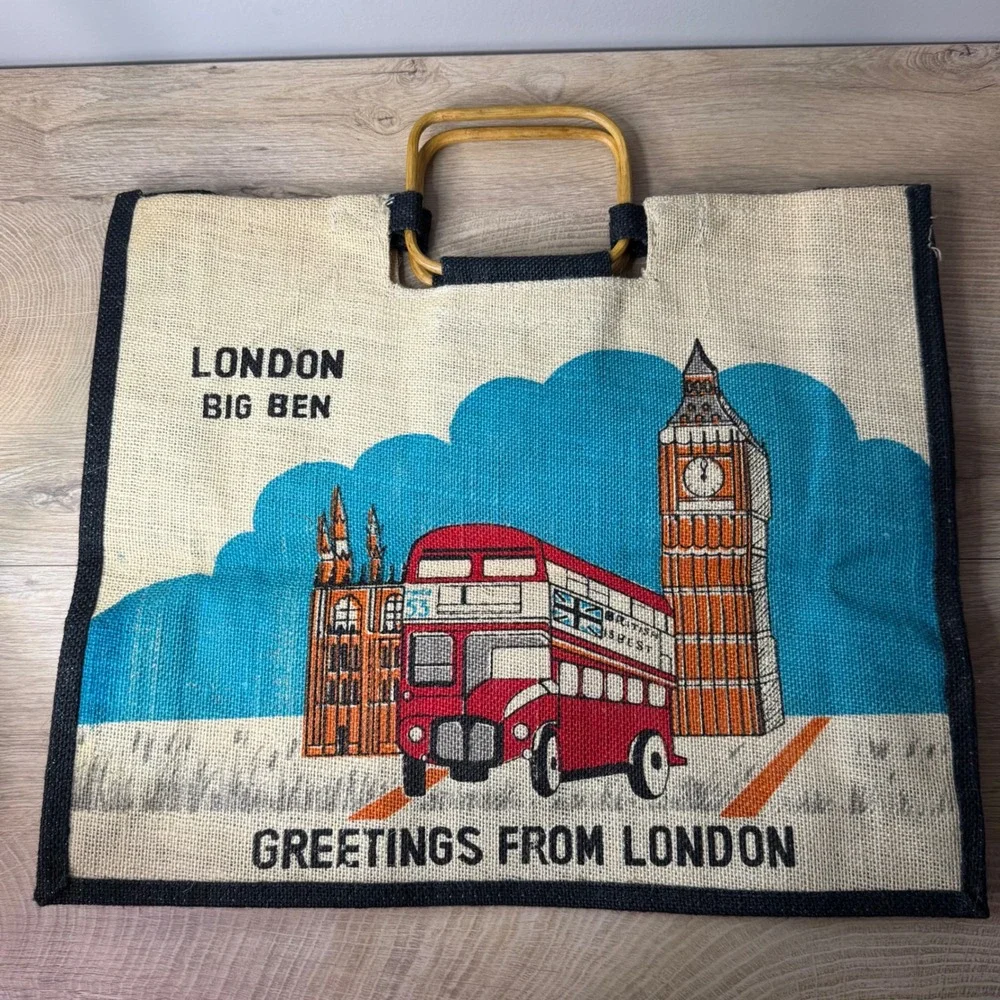 Greetings From London Big Ben Bus Souvenir Tote Bag Wooden Handle Retro Travel‎
